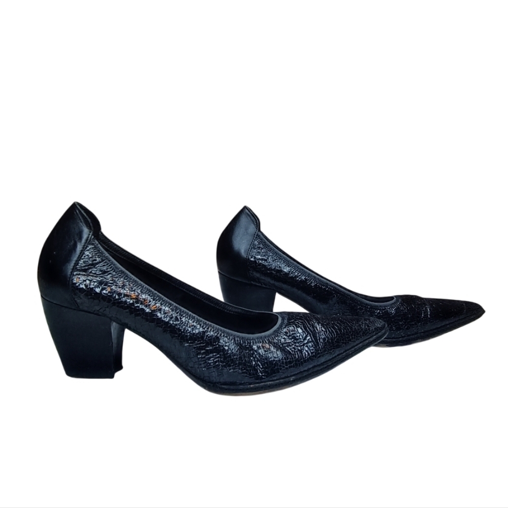 France Mode Patent Crinkled Leather Pointed-Toe Glove Pumps Block Heel Size 40